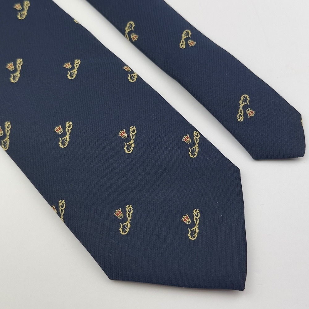 English Sports Shop Bermuda Navy Blue Embroidered Crest Silk Tie Made in Italy